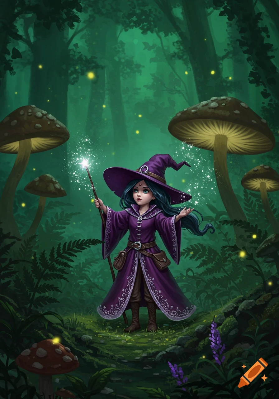 A cute tiny witch in purple with a glowing wand stands in a magical dark forest with giant mushrooms.