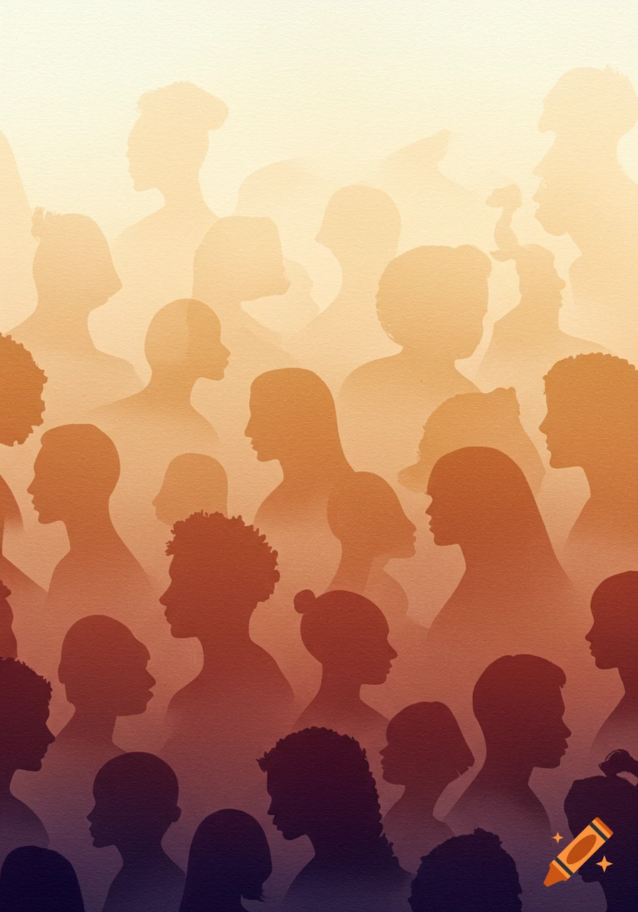Watercolor illustration of diverse human silhouettes against an orange to purple gradient background.