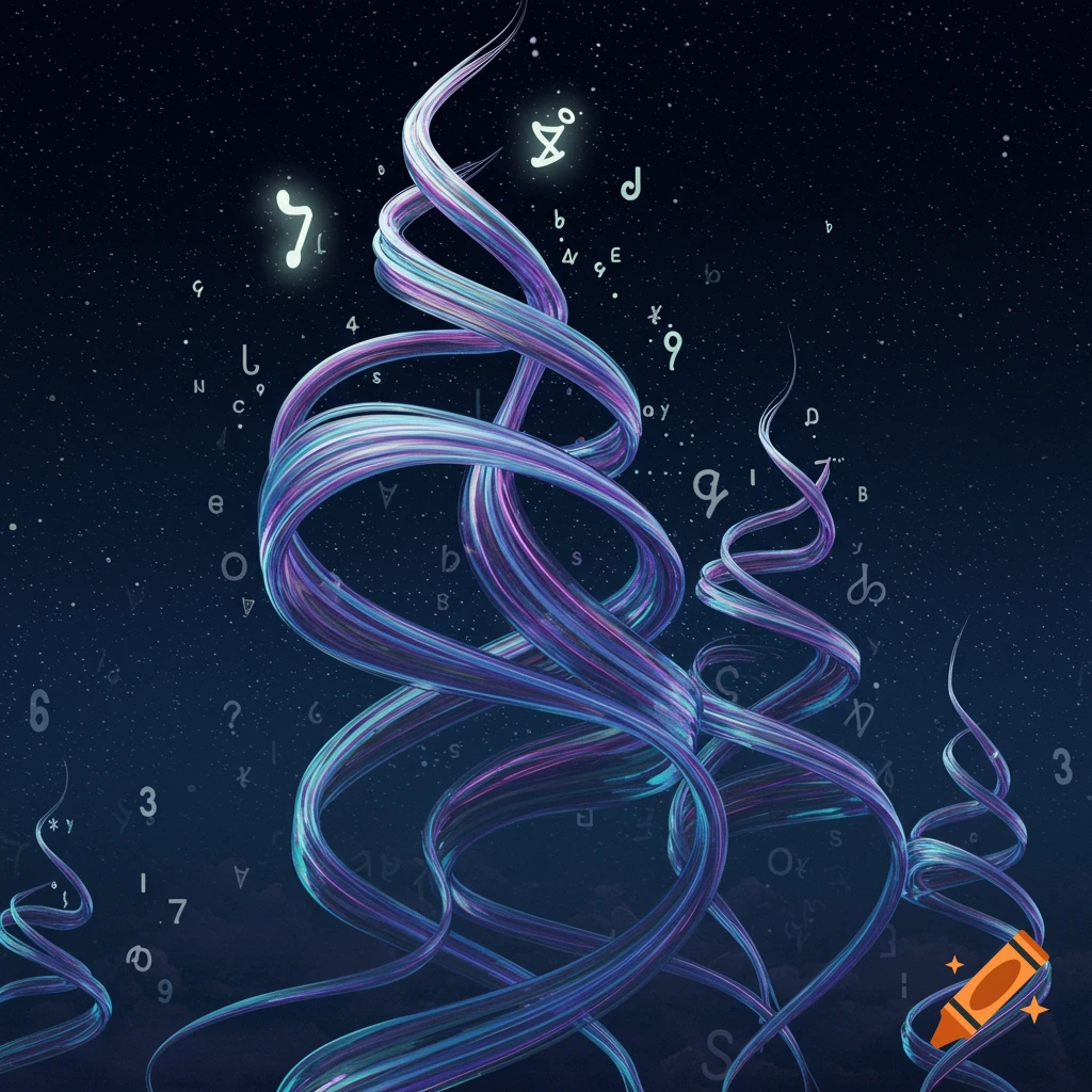 Swirling ribbons of purple, blue, and teal rise against a dark starry sky filled with scattered glowing and faint alphanumeric characters and symbols.