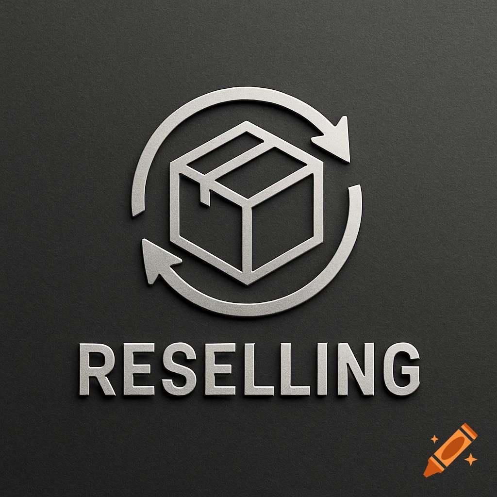 A metallic silver logo for reselling, featuring a box icon encircled by arrows above the word RESELLING, on a dark textured background.