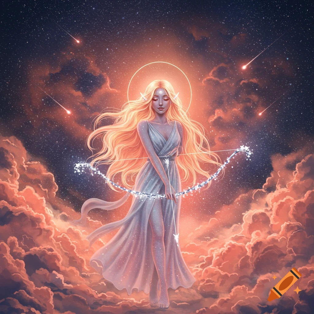 An ethereal celestial woman with long blonde hair and a white dress stands among glowing orange clouds, holding a sparkling star-studded bow, under a starry night sky with shooting stars.
