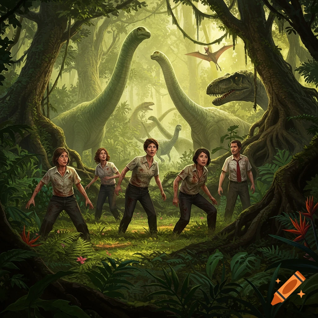 A group of terrified people in a dense jungle, surrounded by large dinosaurs like Brachiosaurus and a T-Rex, in a detailed illustration.