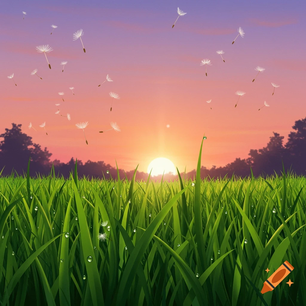 Vibrant green grass with dew drops at sunrise, with dandelion seeds floating in the pink and purple sky.