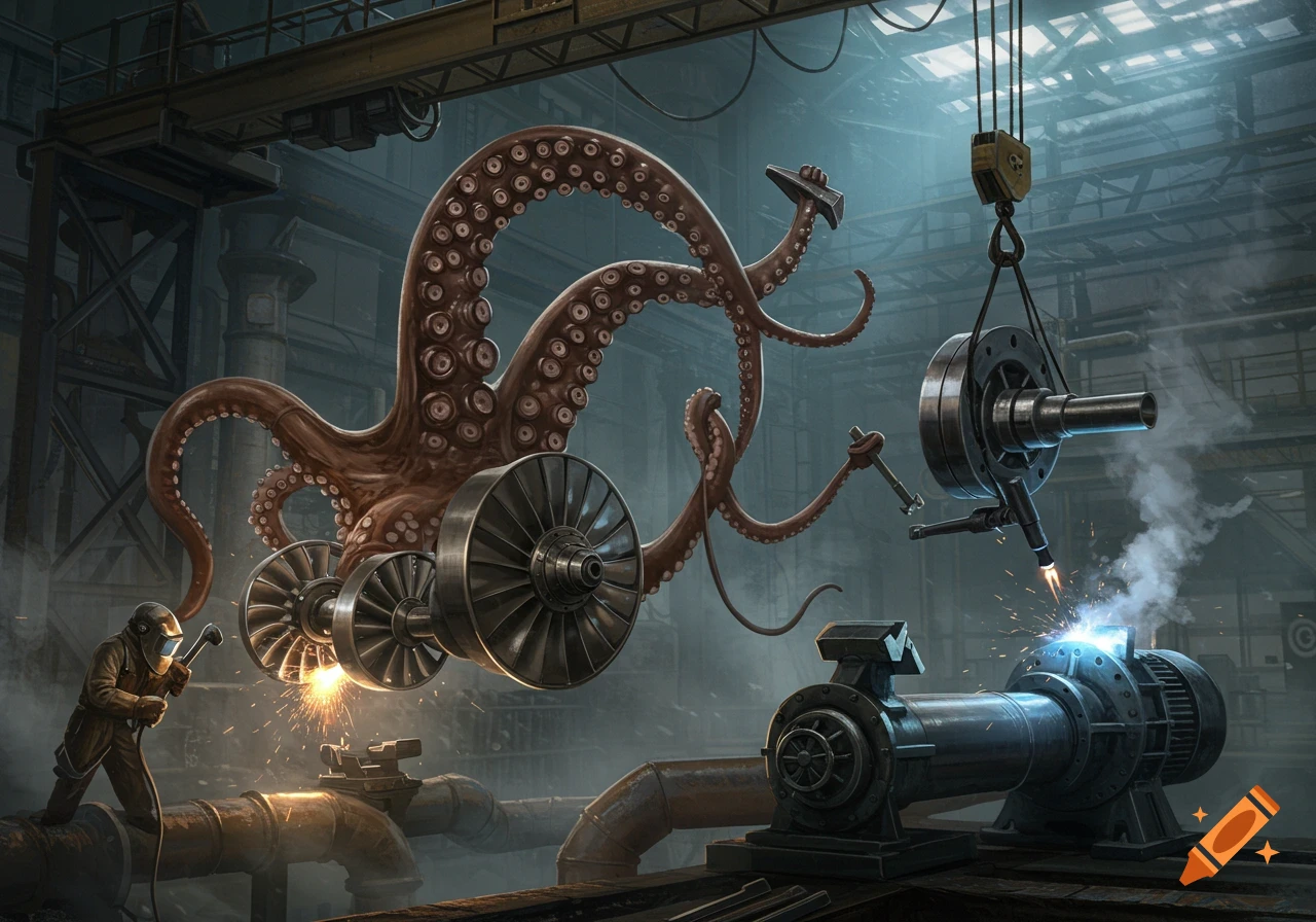 A giant octopus-like creature on wheels in a dark industrial factory, surrounded by a welder and machinery, with its tentacles holding tools.