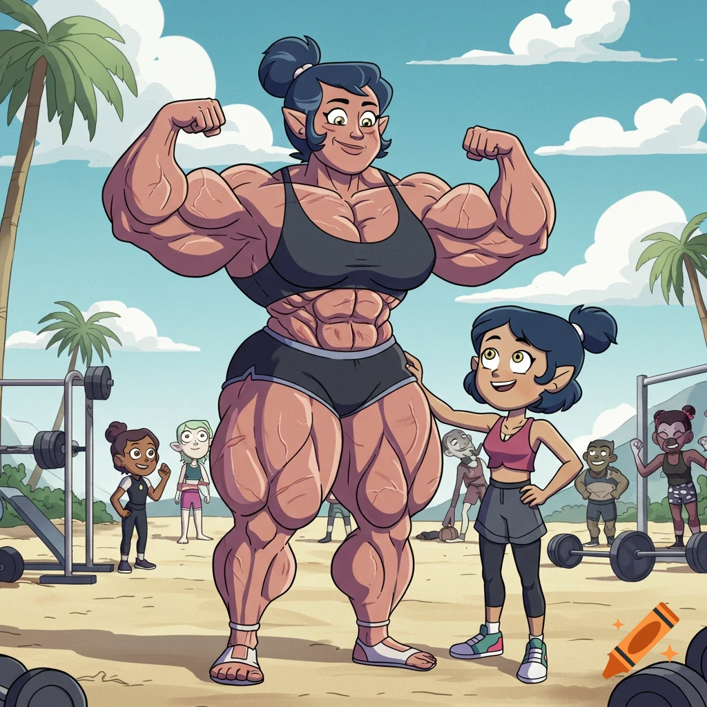 A cartoon of a massively muscular woman in a sports bra and shorts flexing next to her smaller daughter at an outdoor gym on a beach, with other characters working out in the background.