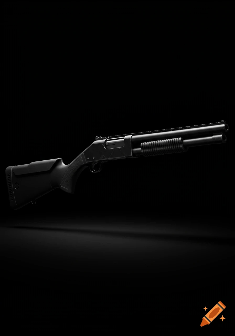 A sleek, black futuristic pump-action shotgun against a dark background.