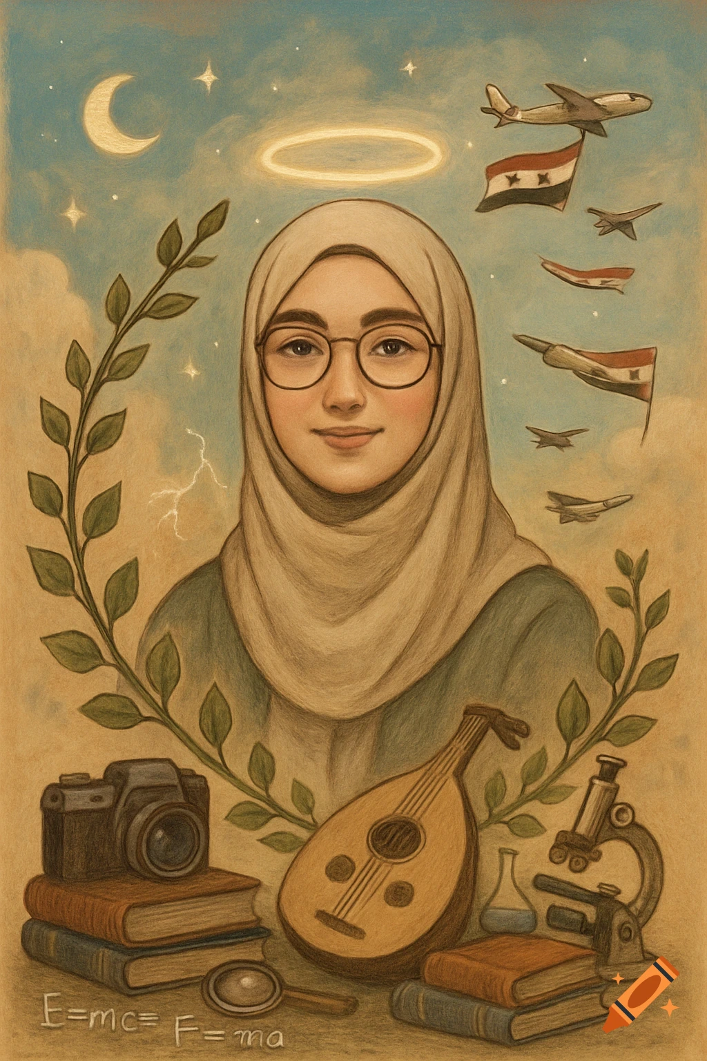 A vibrant illustration of a smiling hijabi girl with glasses, surrounded by symbolic items like books, a camera, an oud, and scientific equipment, with Syrian flags and celestial elements in the sky.
