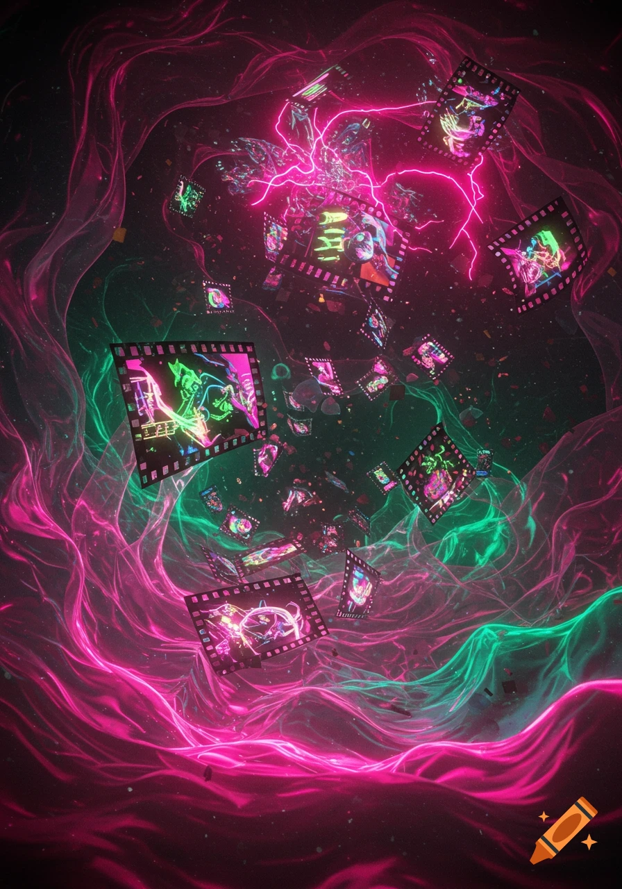 Abstract neon pink and green energy swirling with scattered glowing film strips depicting distorted images.