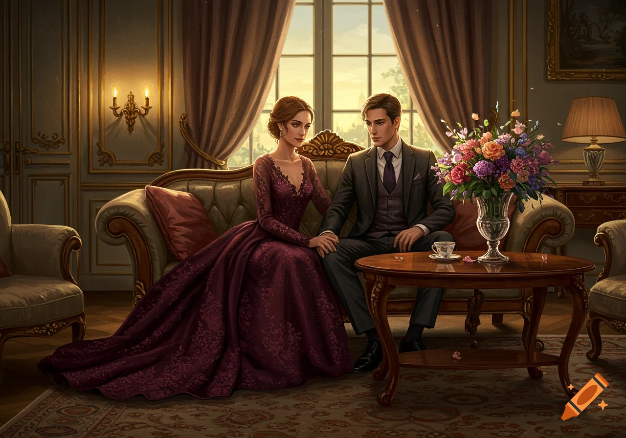 An elegantly dressed man and woman holding hands on a couch in a luxurious classical room, with a vase of flowers on a table.