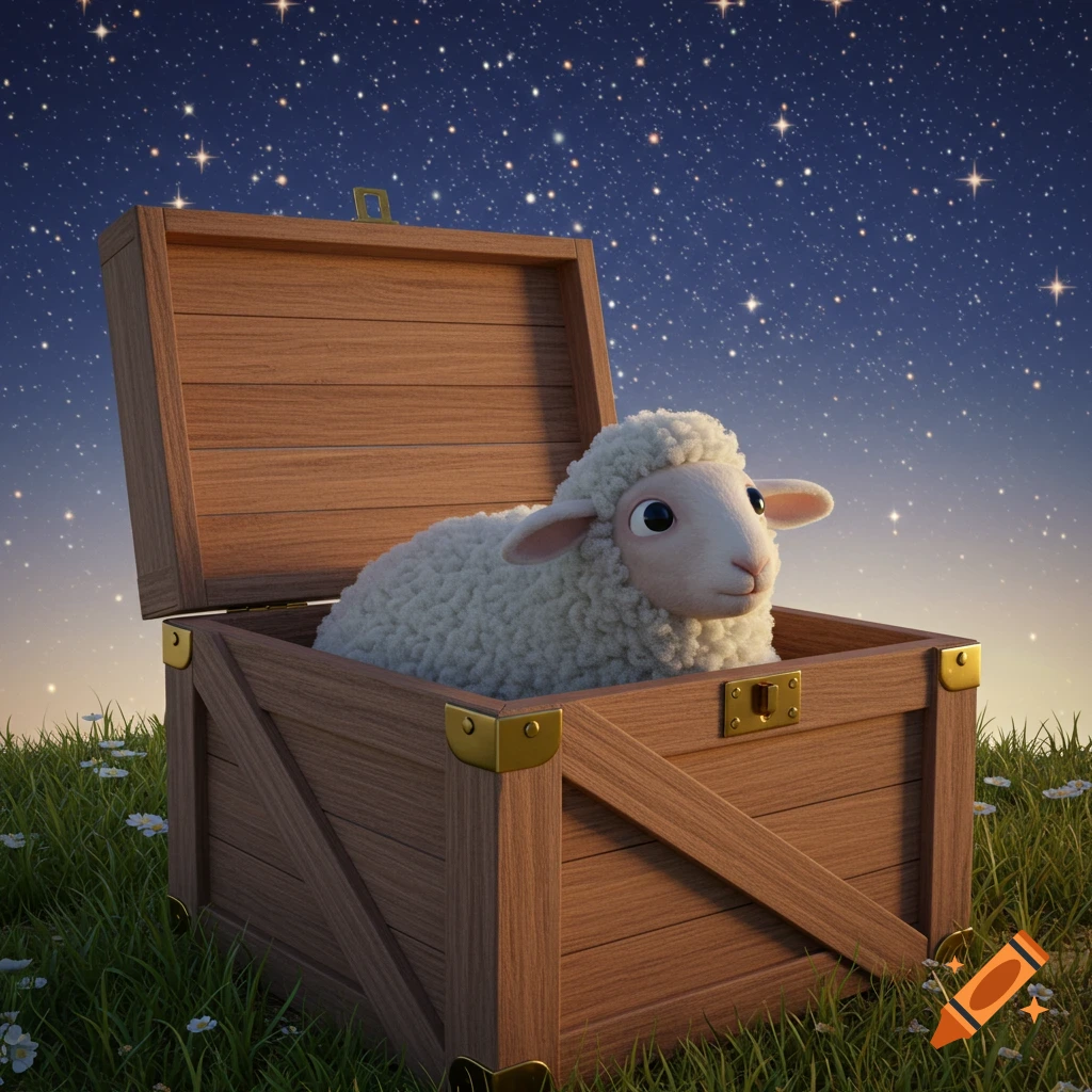 A whimsical illustration of a fluffy white lamb looking out of an open wooden box, sitting in green grass with small flowers under a dark blue starry night sky.