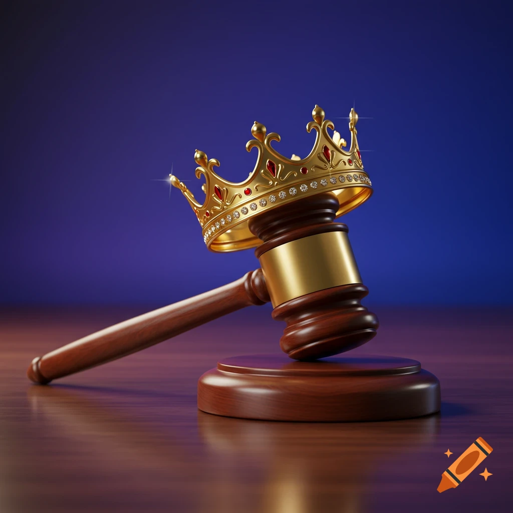 A golden crown adorned with red and clear jewels rests on a wooden gavel, placed on a polished wooden surface against a dark blue background.
