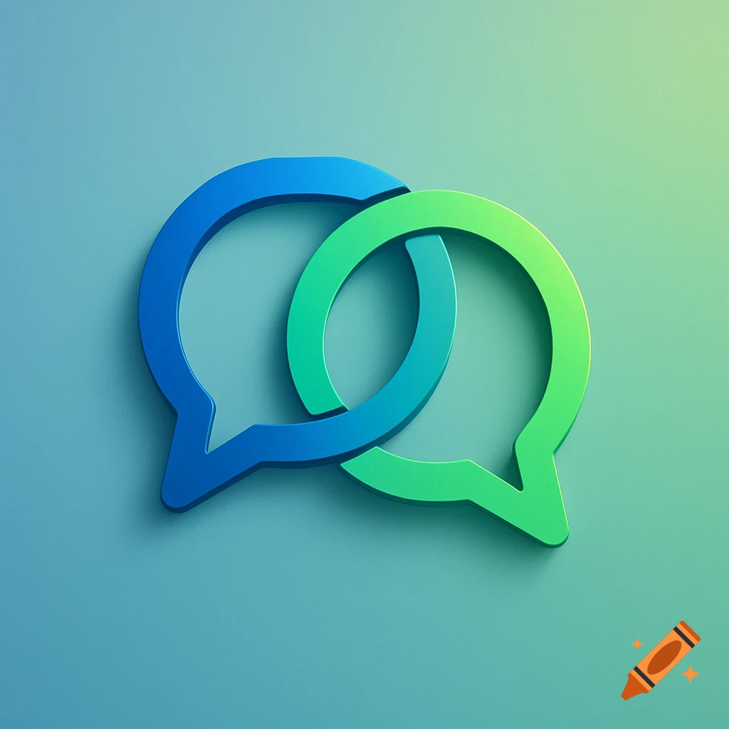 Blue and green 3D speech bubbles interlocking, forming a communication icon on a gradient background.
