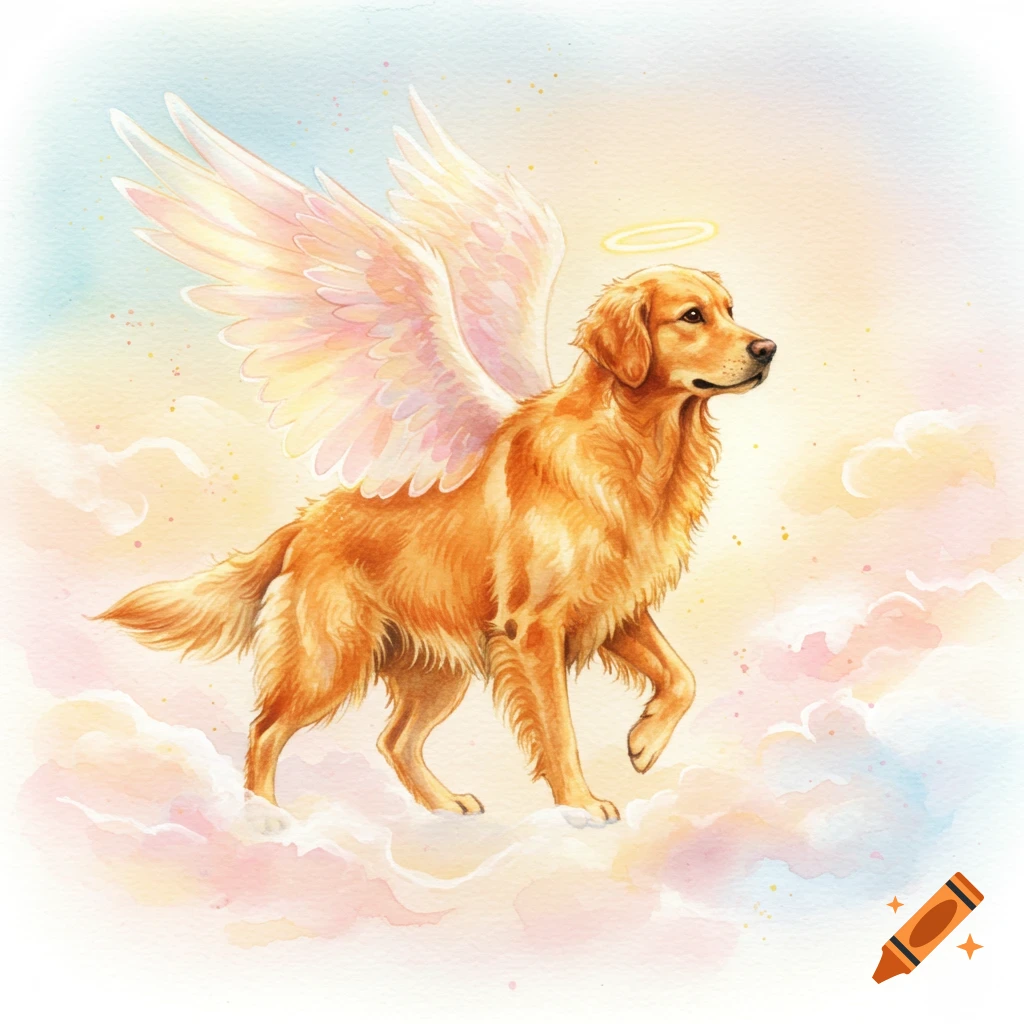 A watercolor illustration of a golden retriever with large, iridescent wings and a halo, walking on pastel clouds.