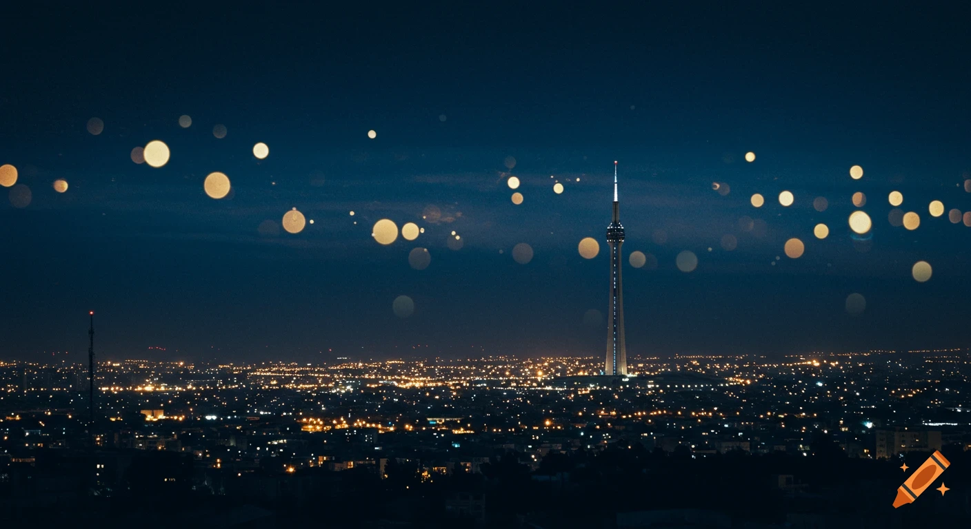 Cinematic night view of Tehran's Milad Tower and city lights under a dark sky, adorned with soft, glowing bokeh.