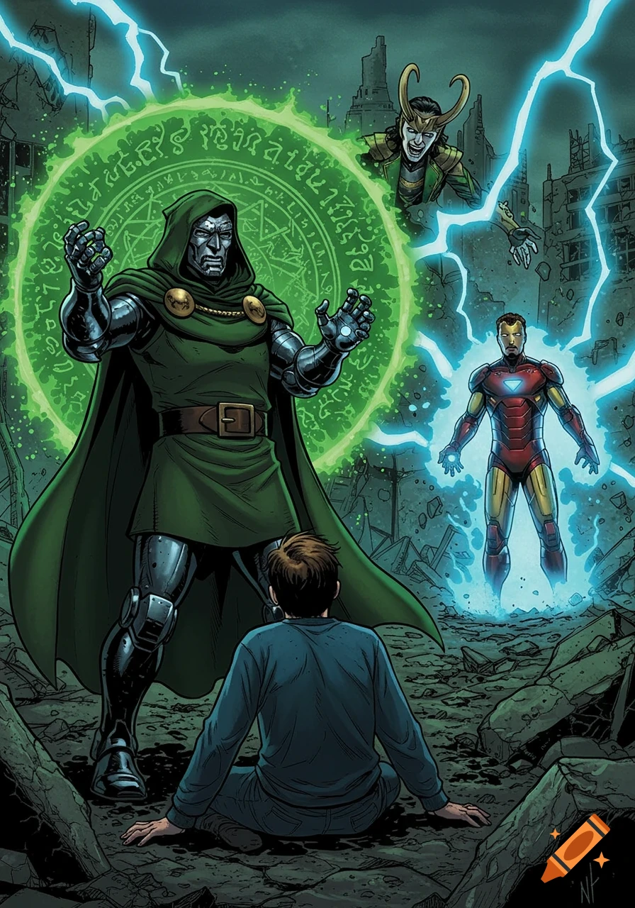 Comic style illustration of Dr. Doom casting a green magical circle, Loki floating nearby, Iron Man glowing with blue energy, and a boy kneeling in a ruined landscape.