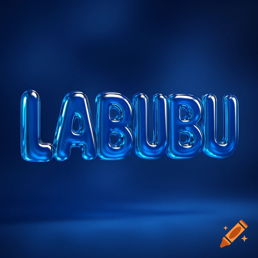 The word LABUBU rendered in shiny, translucent blue 3D bubble letters on a dark blue background.