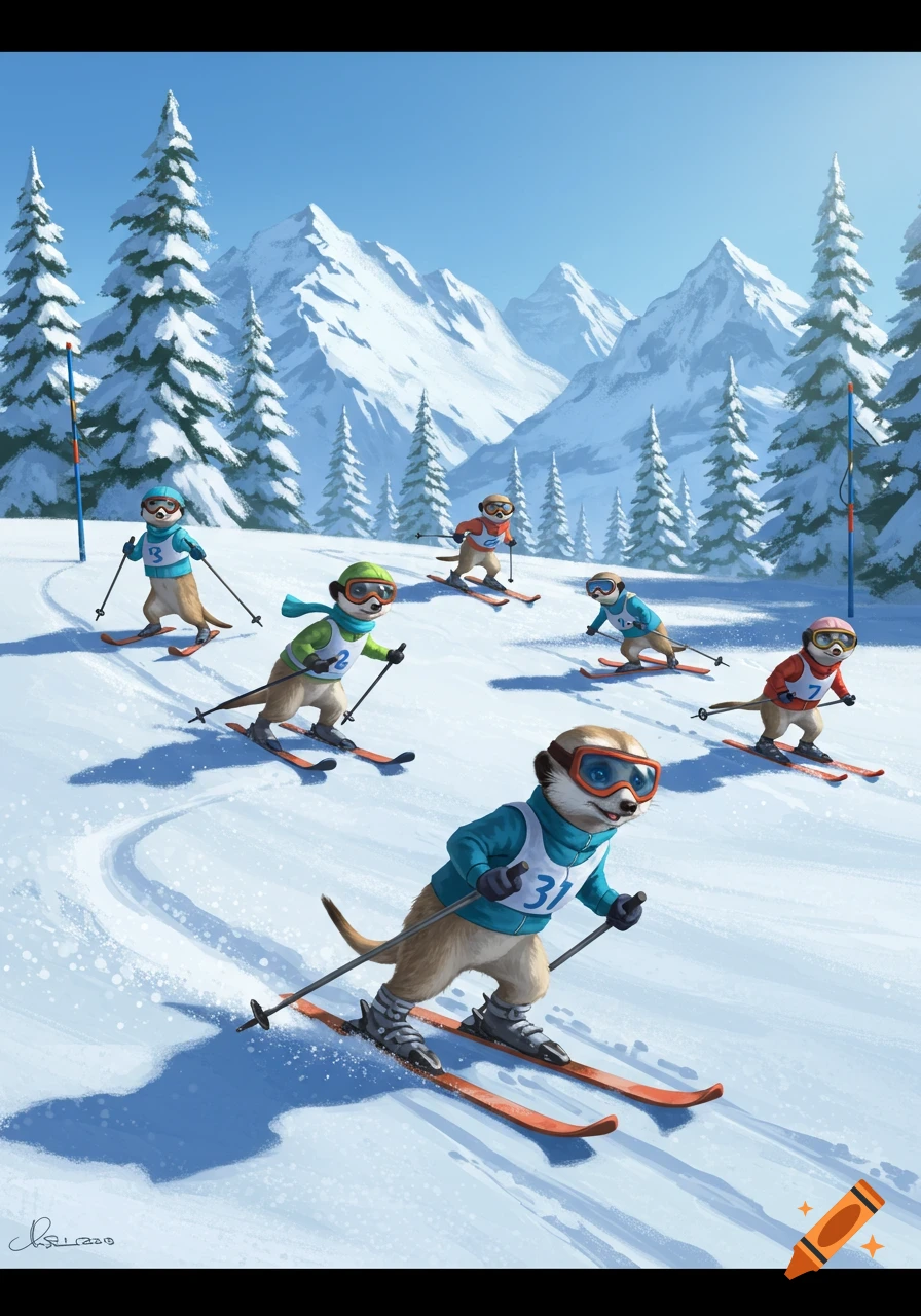 Cartoon meerkats in goggles and racing bibs skiing down a snowy mountain slalom course with pine trees and jagged peaks.