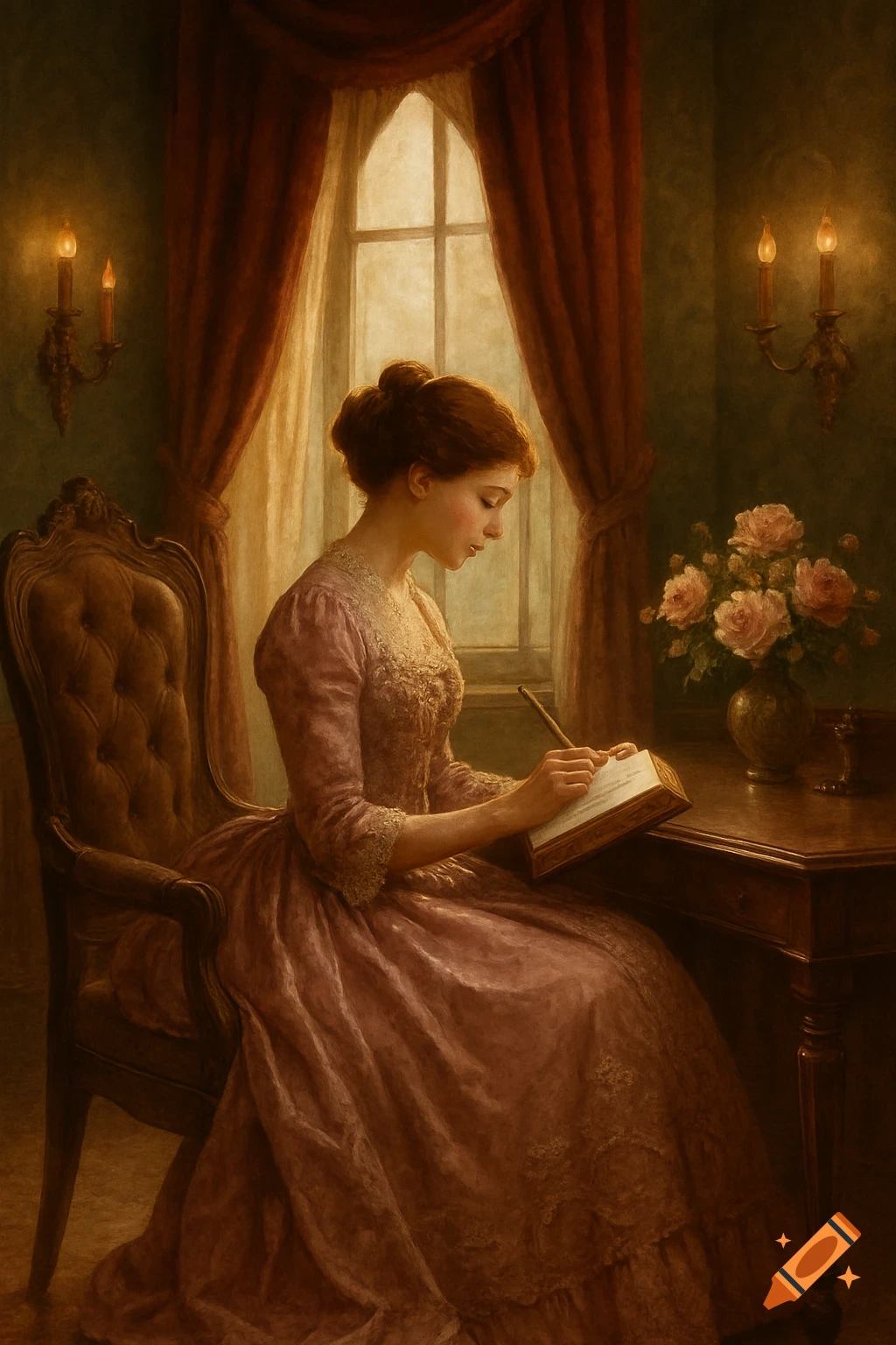 Classical painting of a woman in an 1800s dress writing in a journal by a window with candlelight.