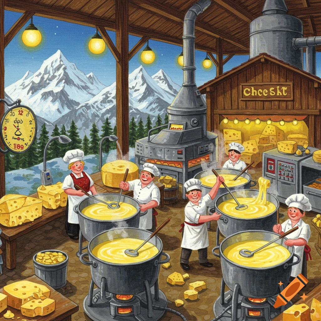 Illustrated scene of people in a wooden Swiss factory making large pots of cheese fondue with snow-capped mountains outside.