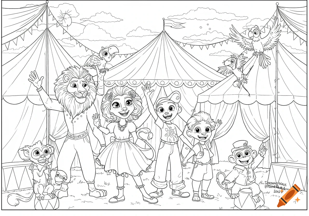 Black and white line drawing of a lion, a girl, two boys, two monkeys, and birds waving in front of circus tents.