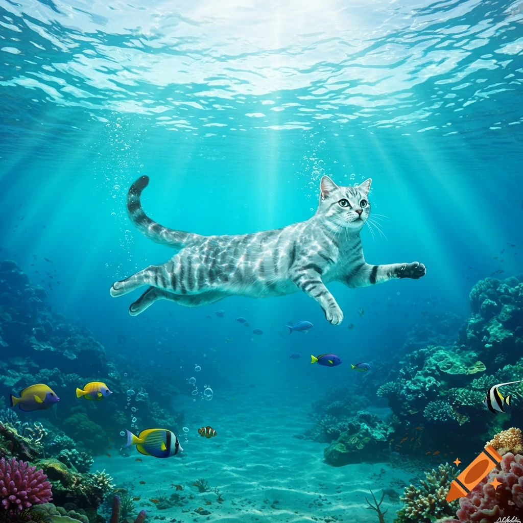 Photorealistic gray tabby cat swimming gracefully underwater among colorful fish and coral reefs, with light rays piercing the surface.