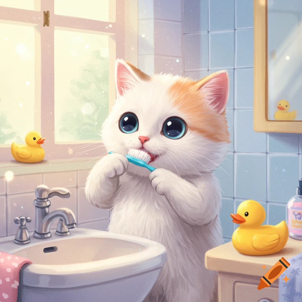 A cute cartoon white and orange cat with big blue eyes brushes its teeth at a bathroom sink with rubber ducks.