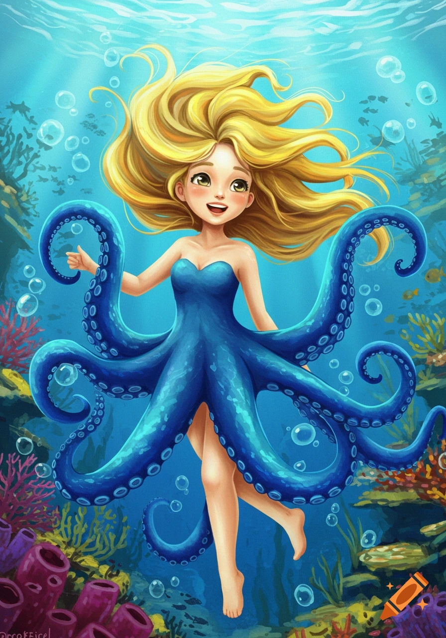 A happy cartoon girl with long blonde hair and blue octopus tentacles as a skirt swims in a vibrant underwater coral reef.