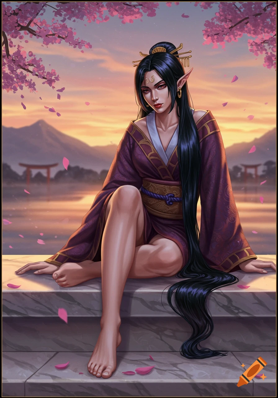 A fantasy woman with long dark hair and elf ears sits in a purple kimono at sunset, with cherry blossoms and torii gates in an anime art style.