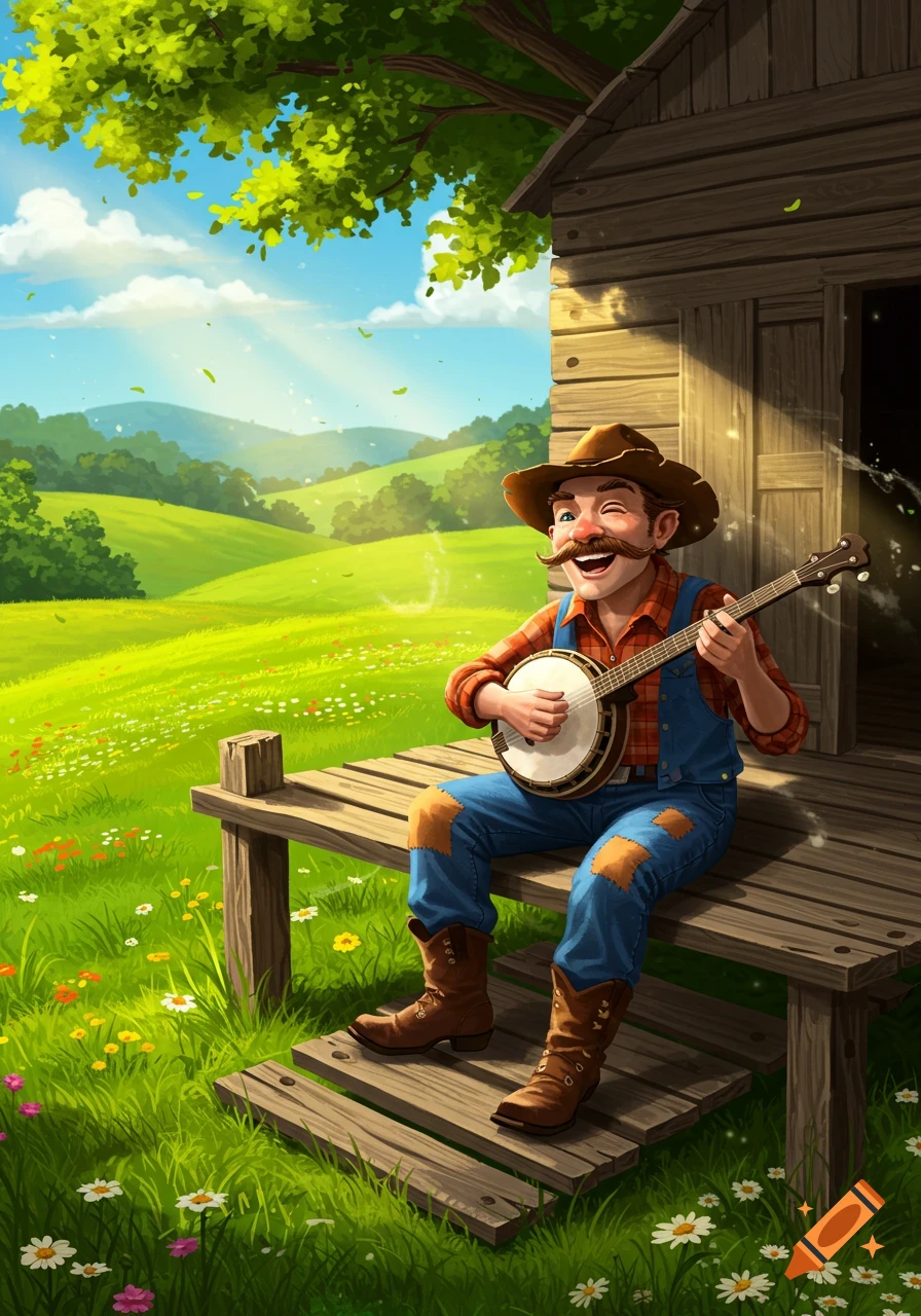 A cheerful cartoon man with a mustache and cowboy hat plays a banjo on a wooden porch, overlooking a vibrant green meadow.
