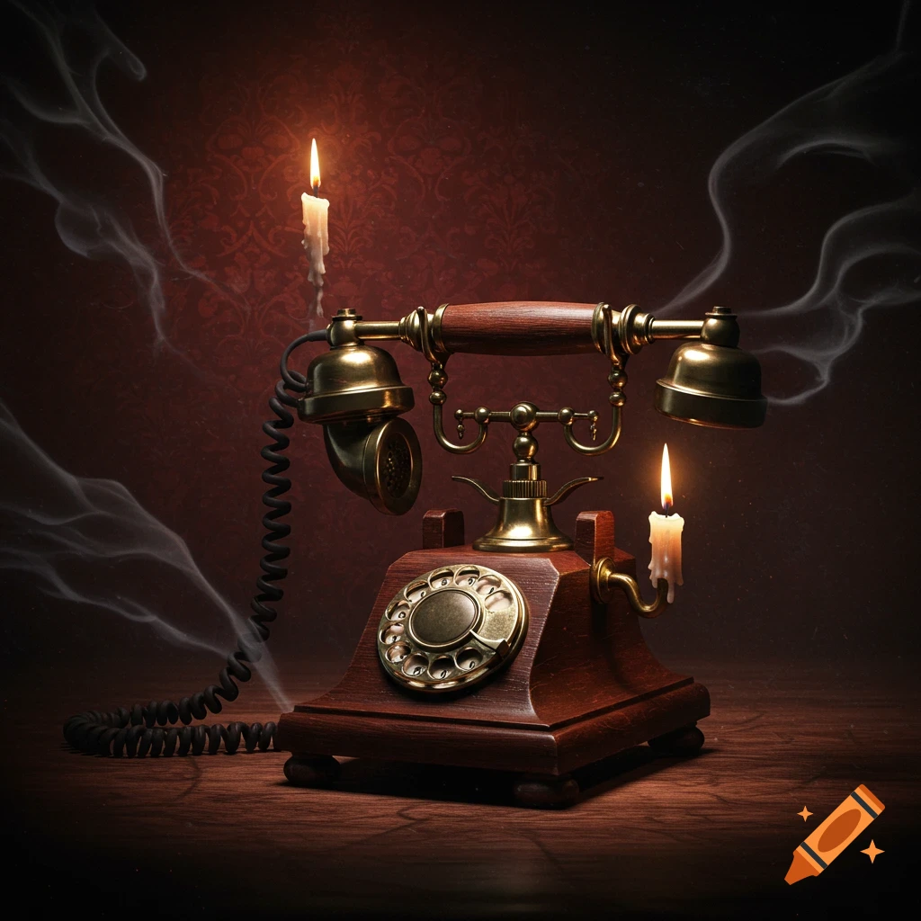 An antique wooden and brass rotary telephone with two lit candles and wisps of smoke in a dark, moody setting.