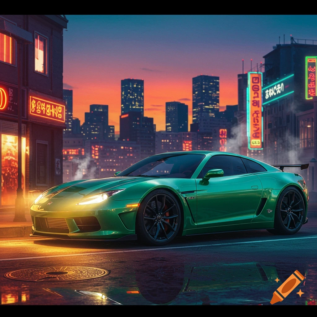 A vibrant green sports car on a wet street in a futuristic city at sunset, with glowing neon signs and tall buildings. Photorealistic.