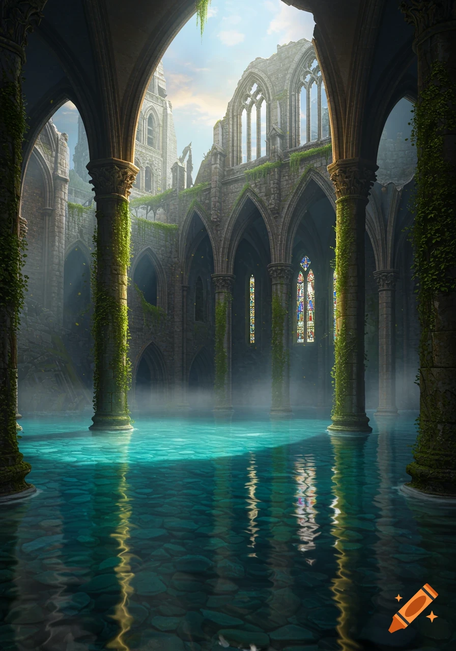 Sunlit ancient cathedral ruins with tall arches and pillars overgrown with vines, partially submerged in clear, turquoise water.