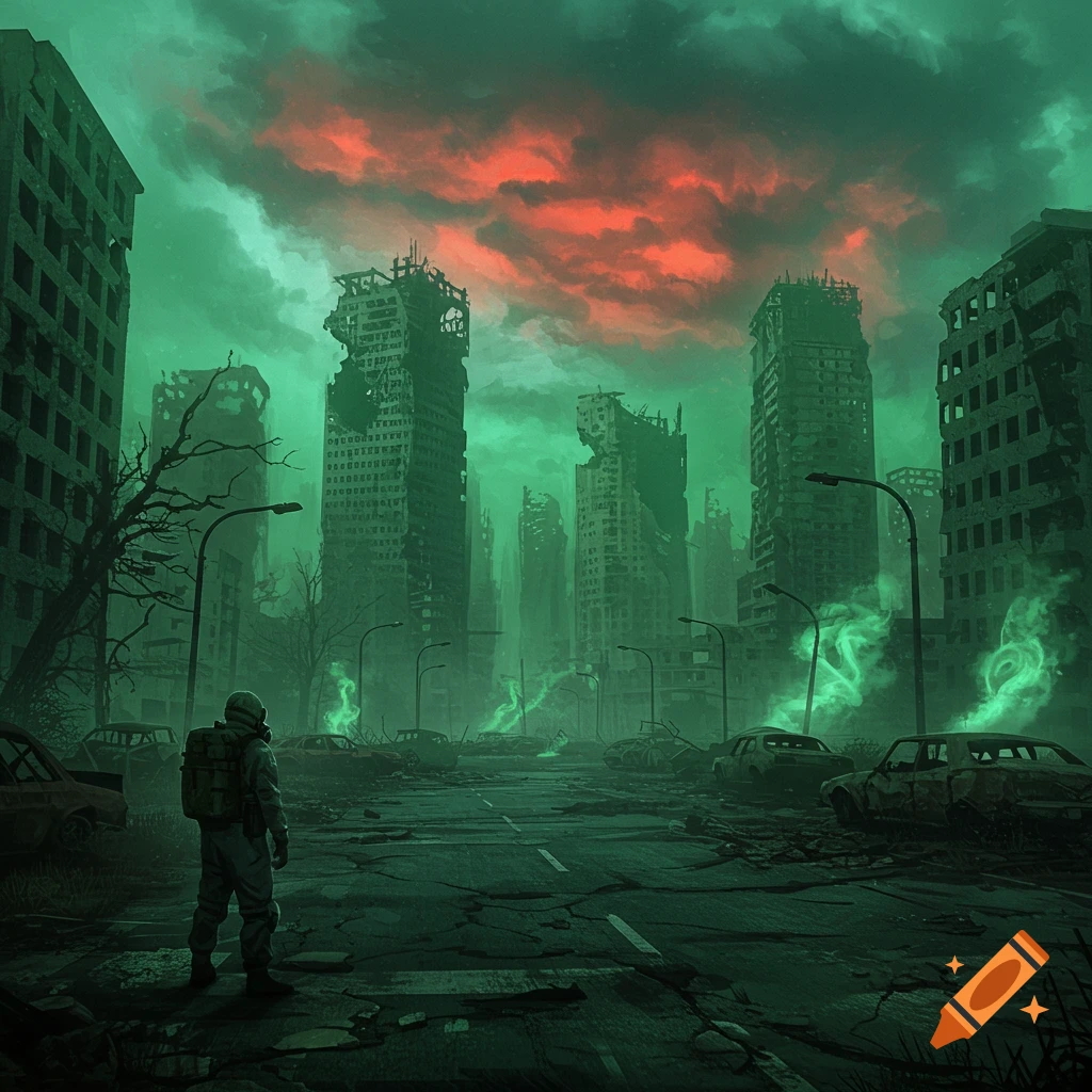 A lone figure in a gas mask stands on a cracked road in a ruined city with shattered buildings, wrecked cars, green glowing smoke, and a dark red sky.