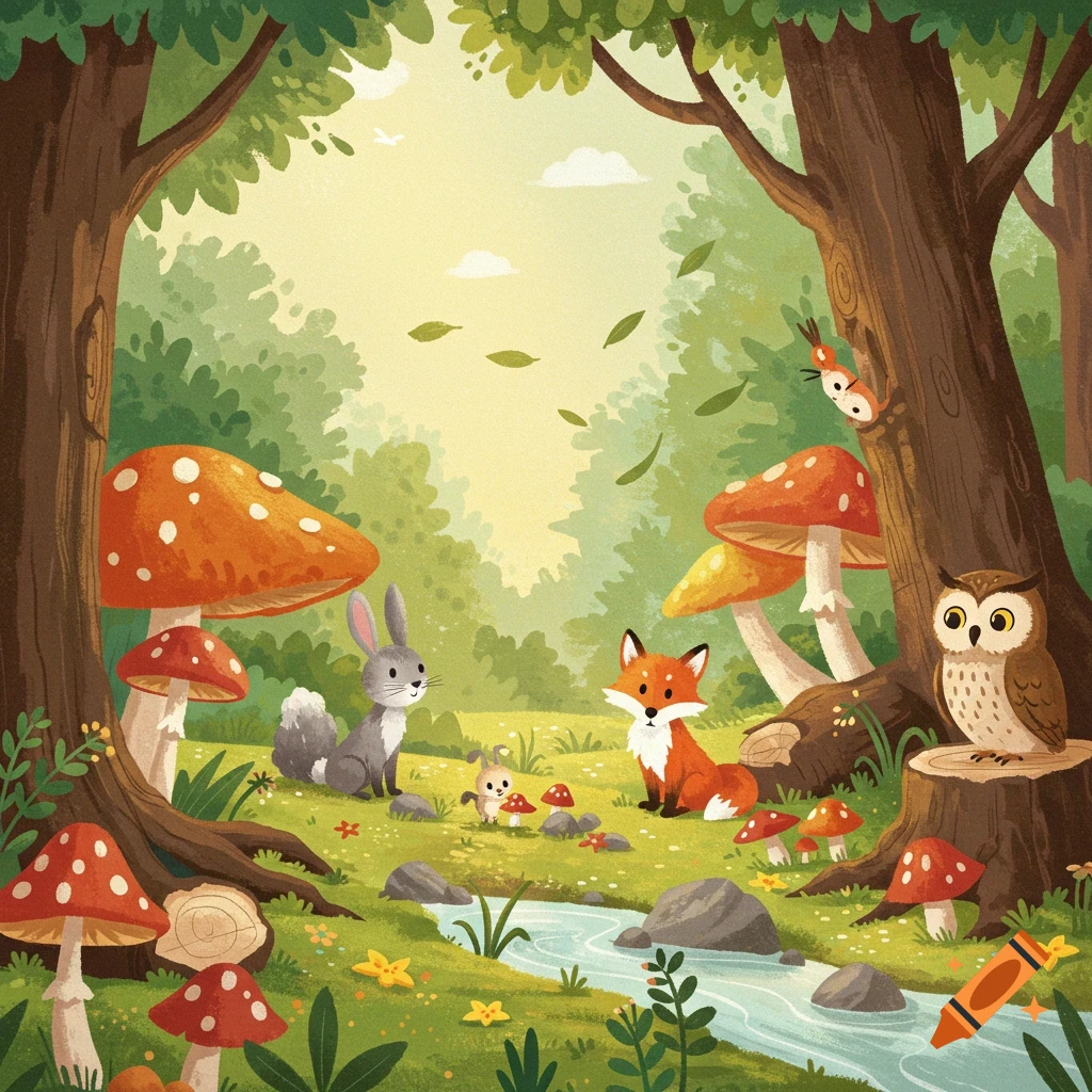 Cartoon fox, rabbit, owl, and bird in a colorful forest illustration with mushrooms and a stream.