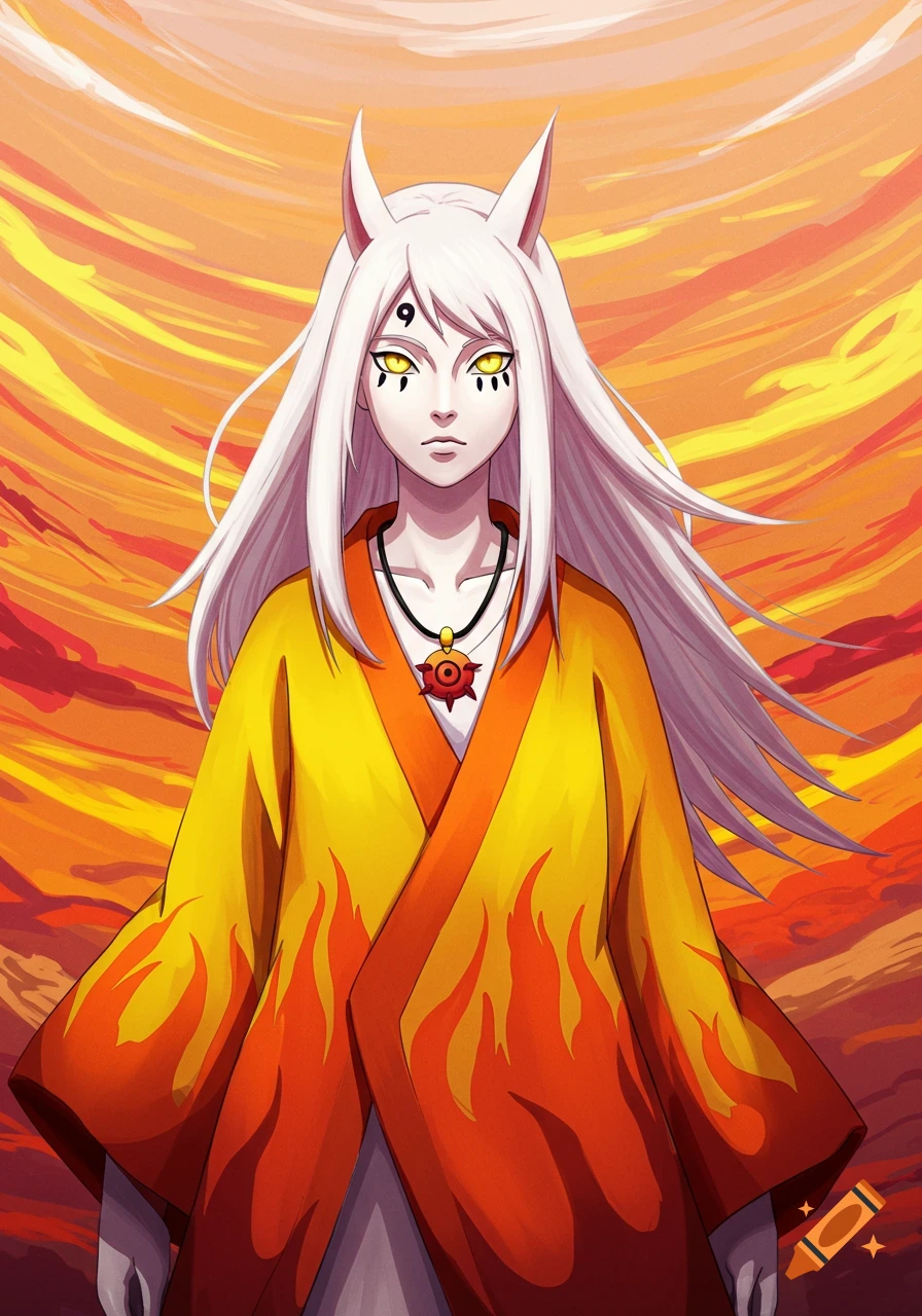 Anime character with long white hair, yellow eyes, and fox-like ears, wearing yellow and orange flame robes with a red medallion necklace.