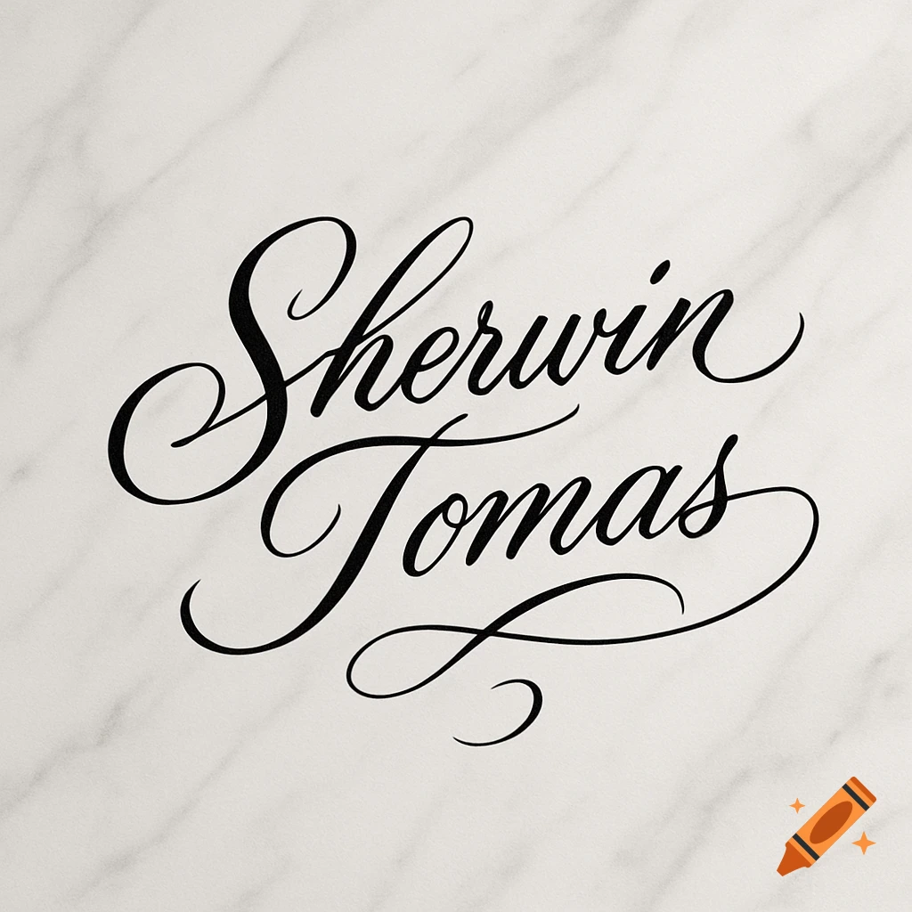 Black calligraphy spelling "Sherwin Tomas" on a white marble background.