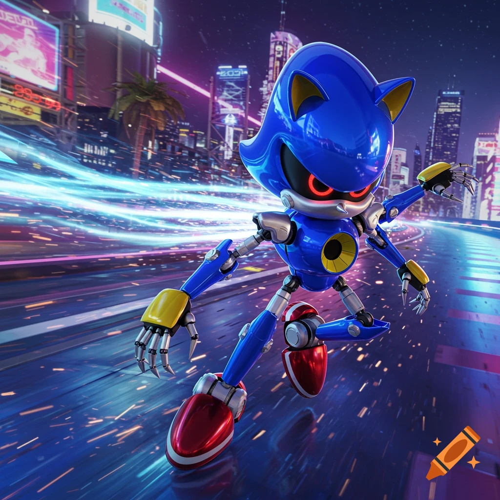 Metal Sonic runs at super speed through a neon-lit futuristic city at night, vibrant blue and purple light trails behind him.