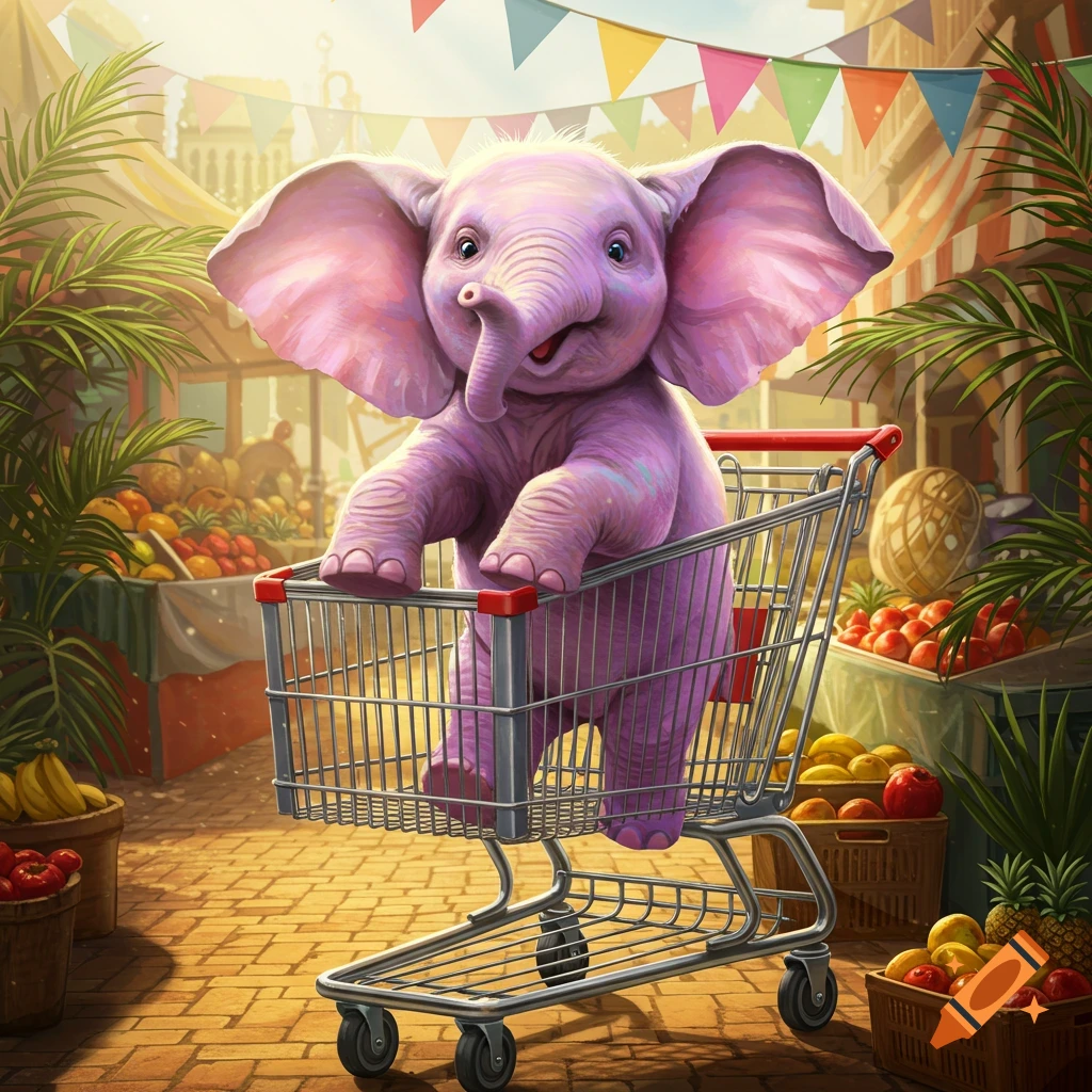 A pink baby elephant smiles from inside a shopping cart at a vibrant outdoor market with fruit stalls.