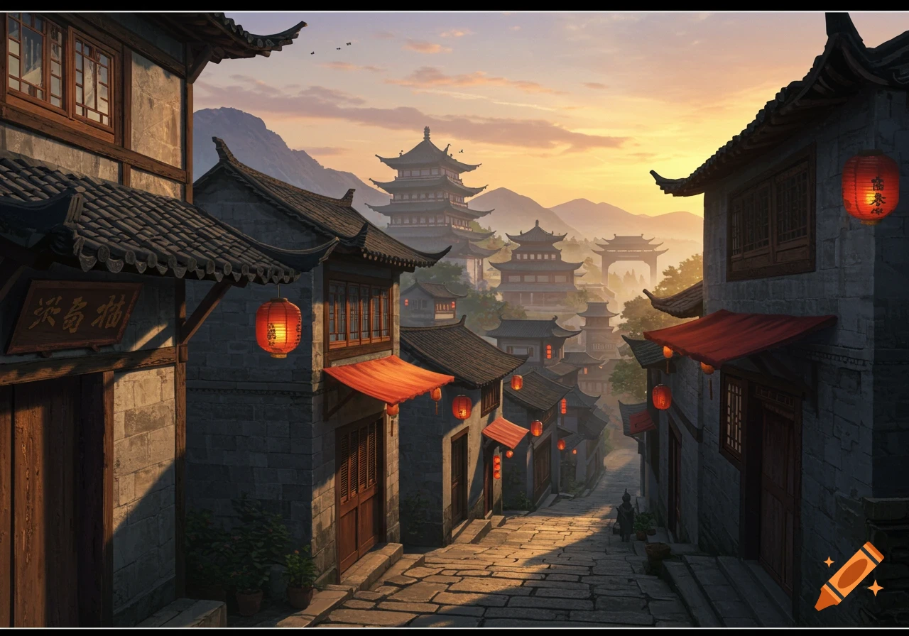A scenic Chinese village street with traditional grey stone buildings, red lanterns, and a pagoda in the distance under a golden sunset.