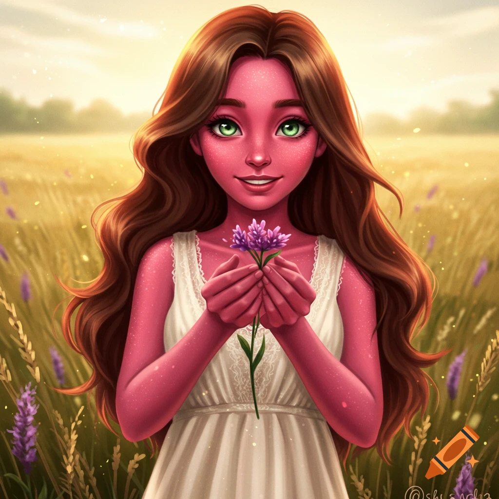 A smiling, stylized girl with pink skin, long brown hair, and green eyes, holding a purple flower in a sunlit field.