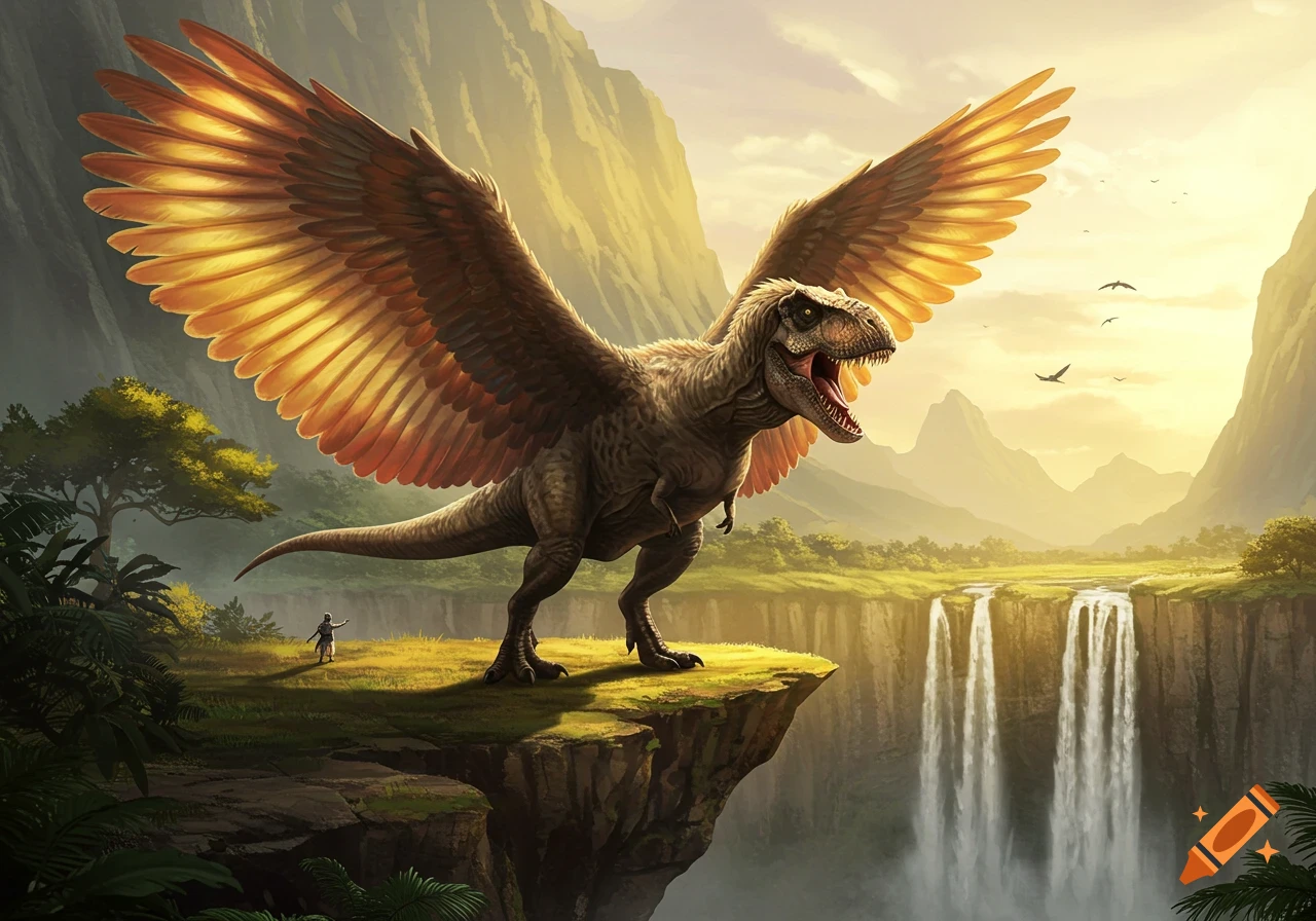 A magnificent winged T-Rex roars from a cliff edge, overlooking a lush valley with waterfalls and mountains at sunset.