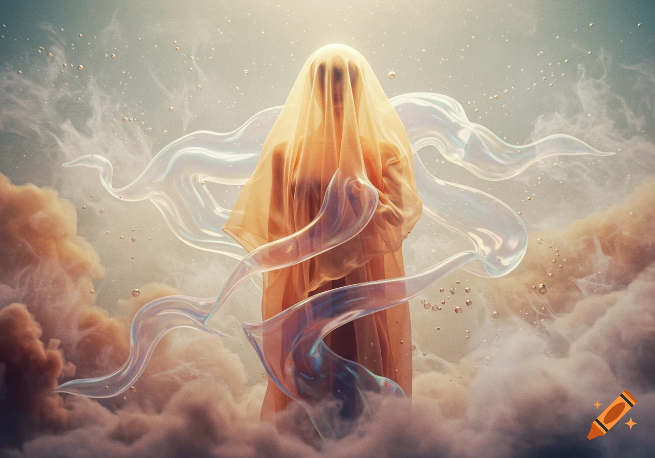 A mysterious figure draped in flowing, translucent orange fabric stands amidst swirling clouds and iridescent, ribbon-like forms.