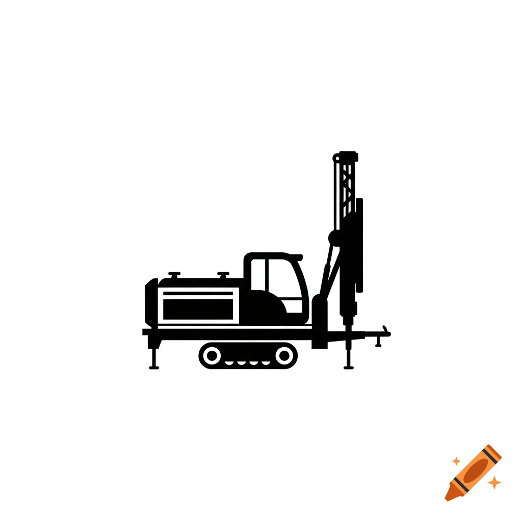 A minimalist black silhouette icon of a soil coring drilling rig on tracks on a white background.