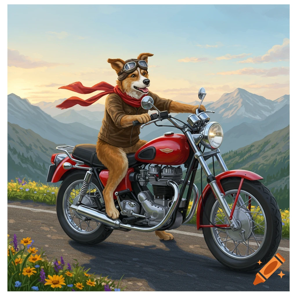 A happy anthropomorphic dog in a brown leather jacket, red scarf, and goggles rides a red motorcycle on a mountain road at sunset.
