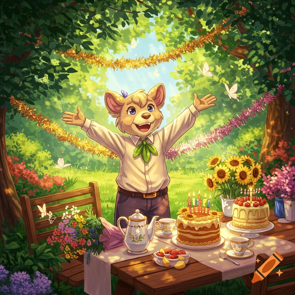 A happy anthropomorphic mouse celebrates its birthday in a sunny garden with cakes and party decorations in a colorful illustration.