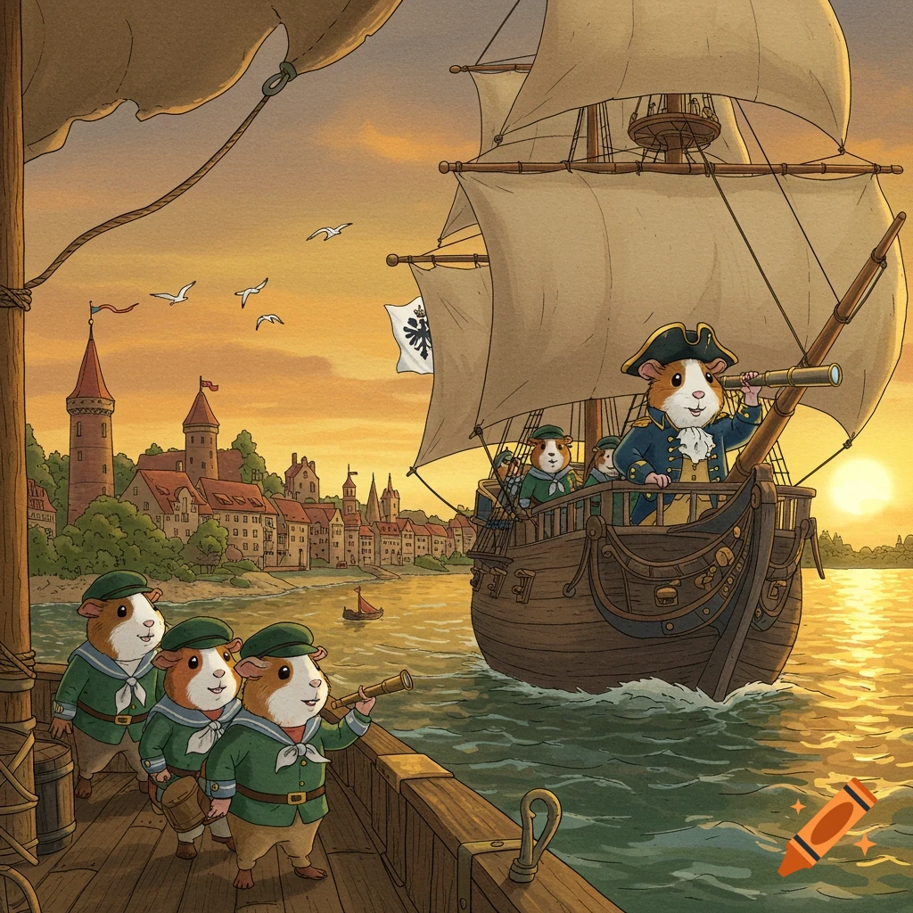 Illustration of guinea pig sailors on a wooden ship at sunset, a historical European city visible in the background.