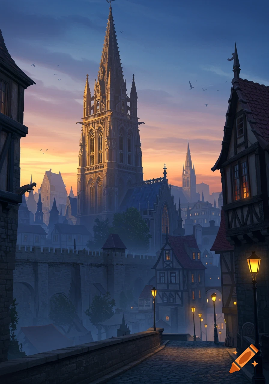 Detailed illustration of a gothic medieval city at dusk, with a tall spire, stone walls, and lantern-lit cobblestone streets.