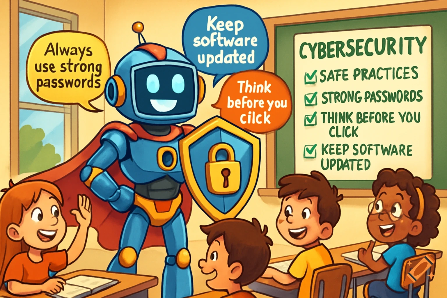 A cartoon robot superhero teaches cybersecurity tips to diverse middle school kids in a classroom, holding a shield with a lock. Speech bubbles and a blackboard display safety advice.