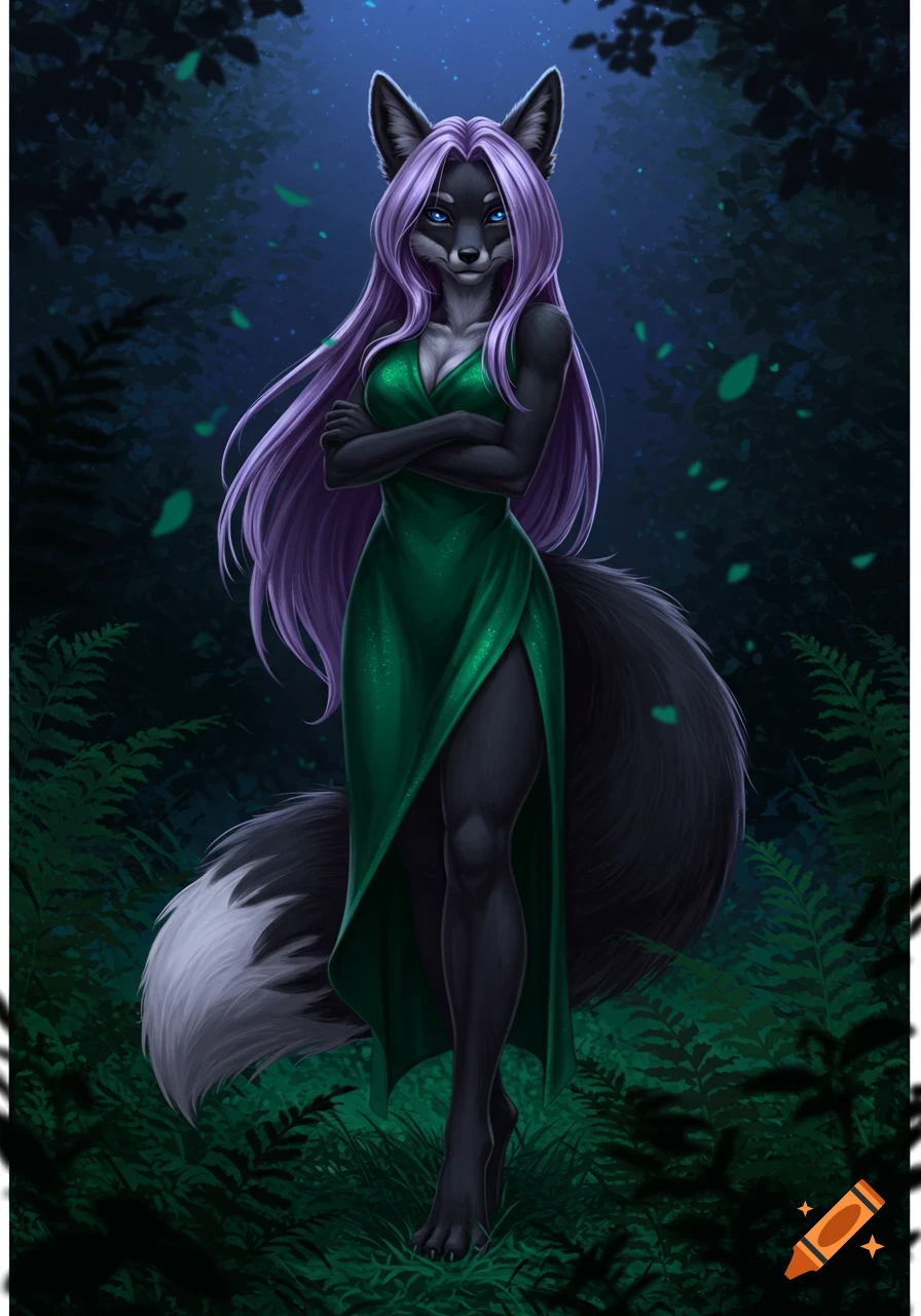 A tall, black-furred anthropomorphic fox with violet hair and blue eyes wears an emerald green dress in a dark fantasy forest.