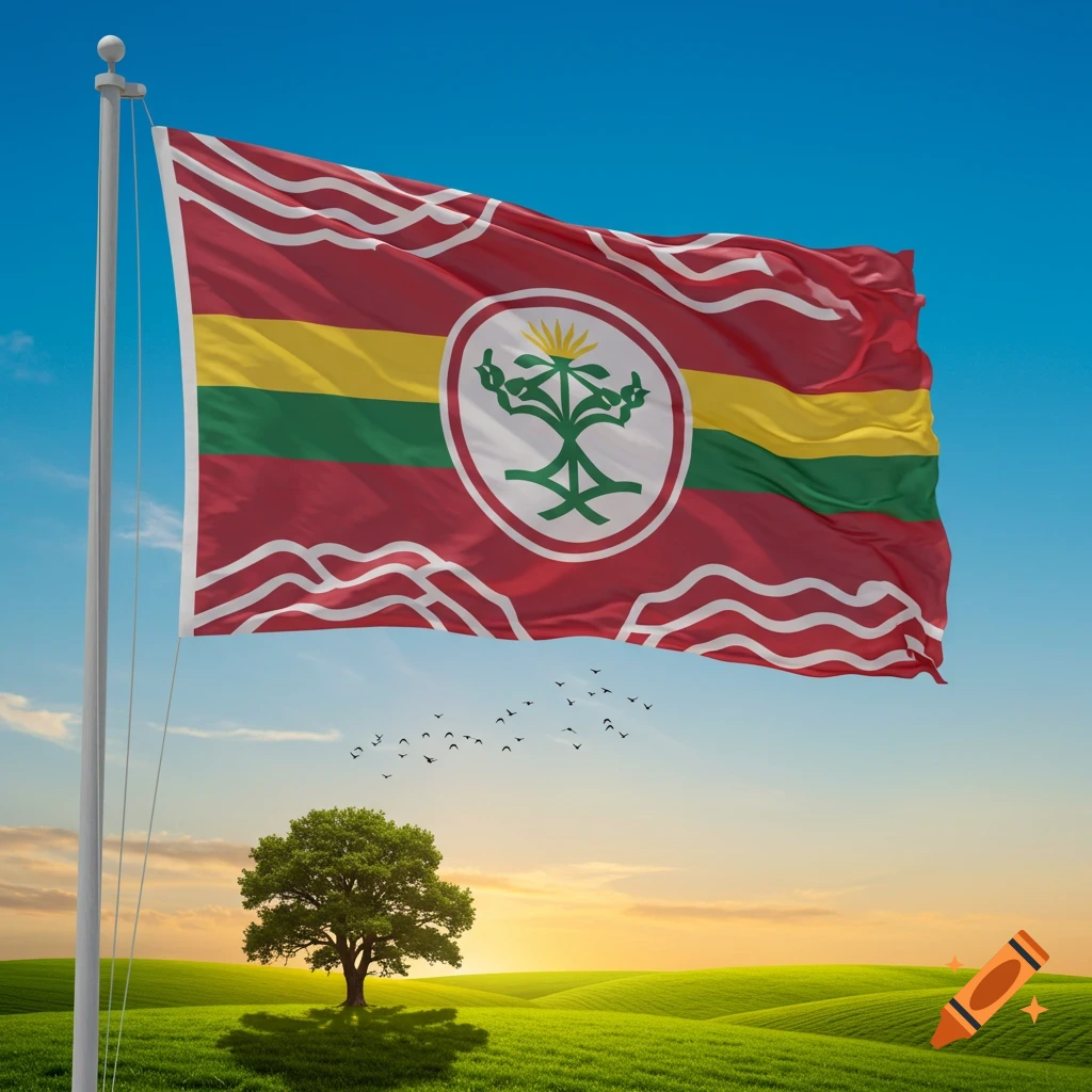 A red, yellow, and green flag with a central stylized green symbol flies over a green landscape with a single tree and a sunset sky.